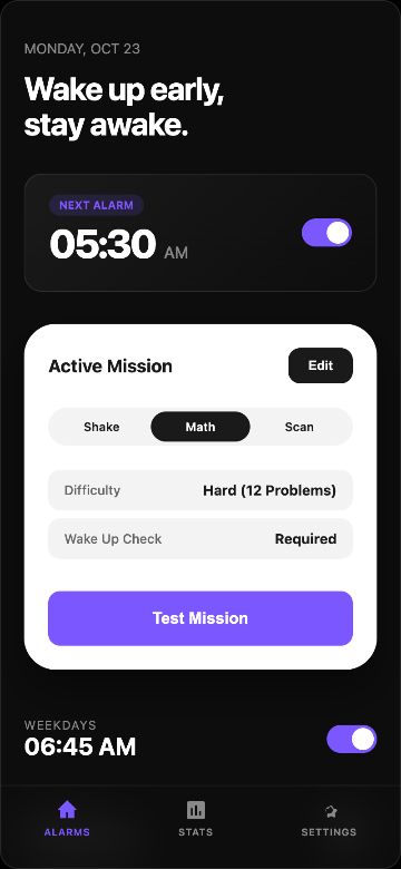 Fajr alarm app showing the next alarm, active Math mission, wake-up check, and weekday alarm