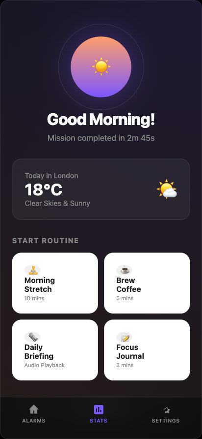 Good Morning screen after completing the mission in 2 minutes 45 seconds