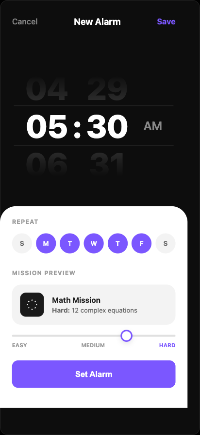 Setting a 5:30 AM alarm with a hard Math mission