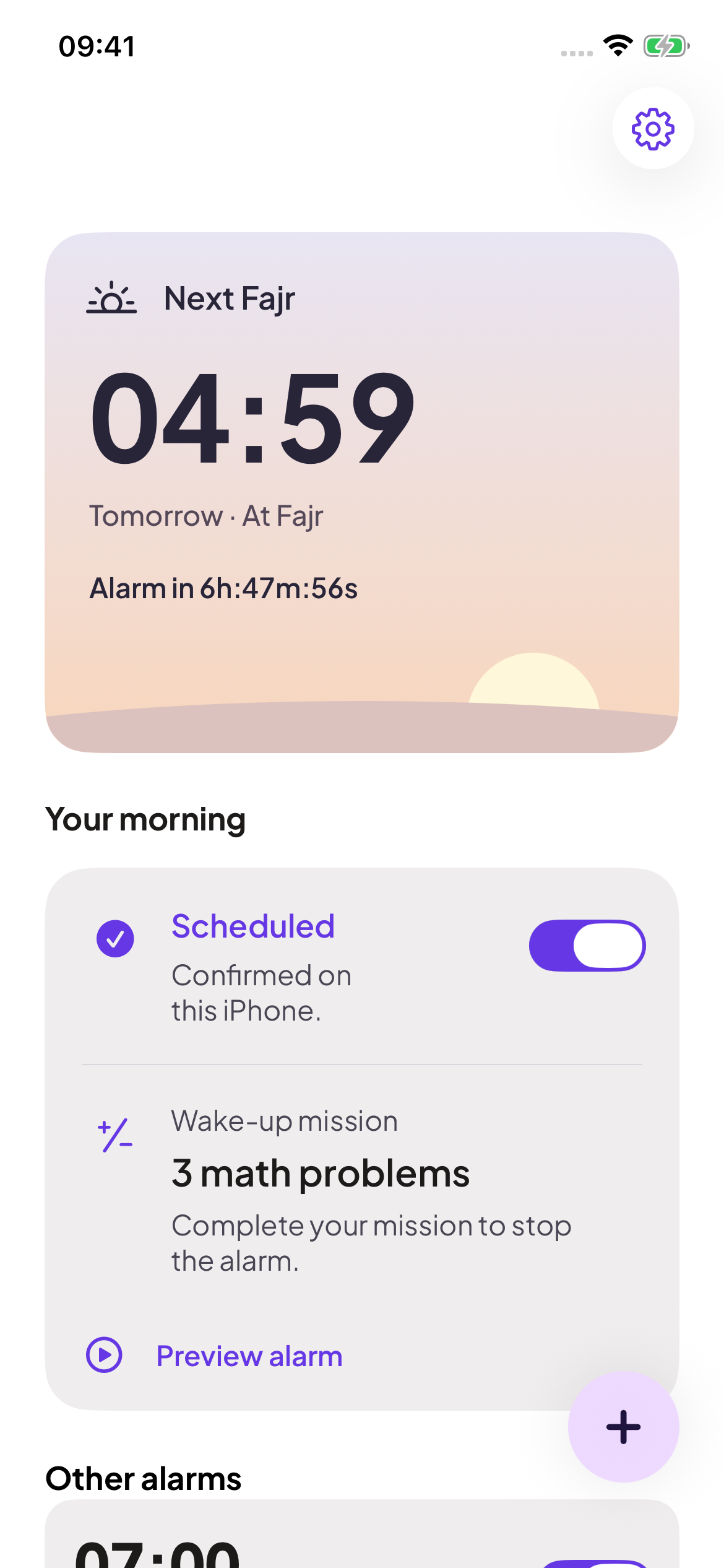 Sobah showing a confirmed next Fajr alarm and its mission